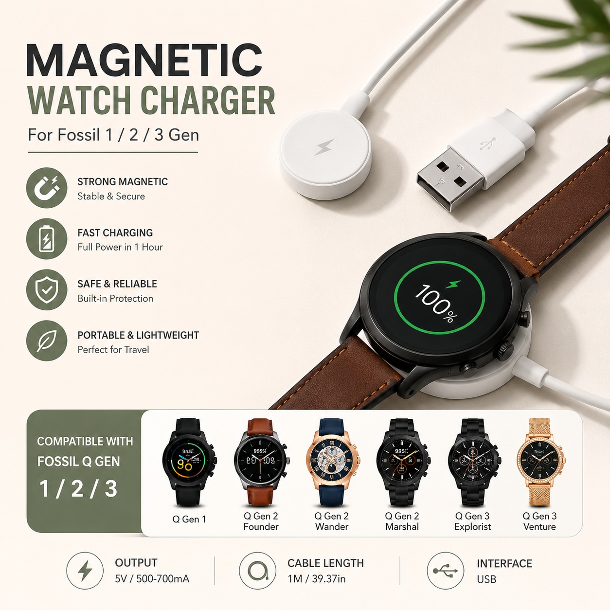 Fossil Smartwatch Accessories - USB 시계 충전기 어댑터 스마트워치 충전